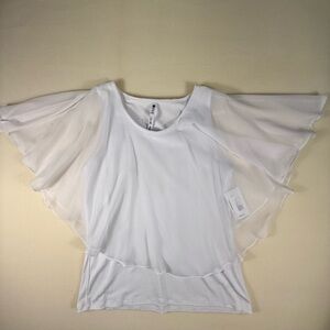Leo & Nicole White Flutter-Sleeve Cold Shoulder Layered Blouse